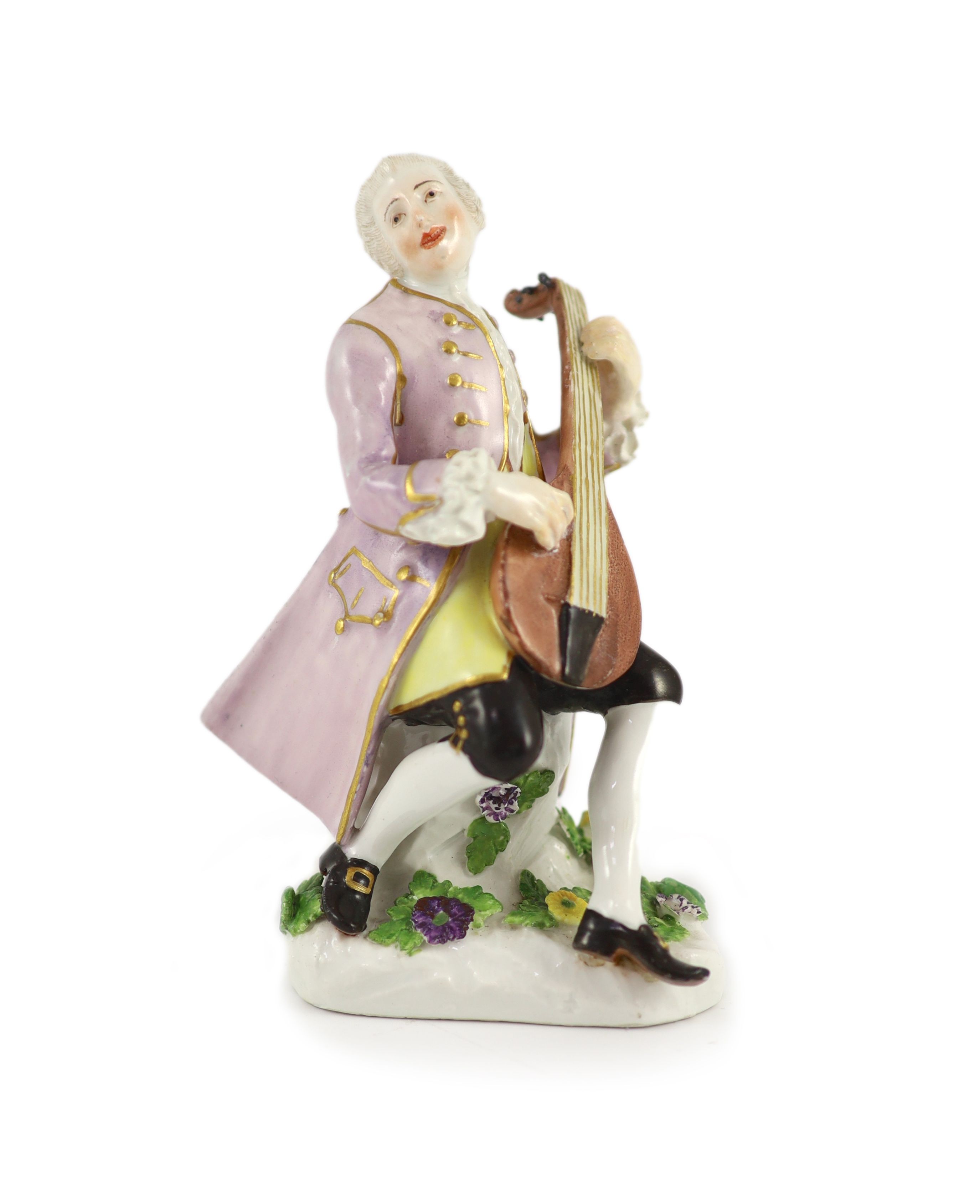 A Meissen figure of a lute player, c.1755 13.8 cm high, some restoration